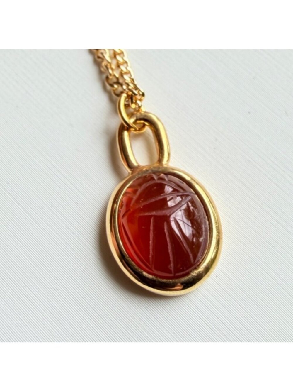 Vintage Amber Gold Scarab Necklace Genuine Stone Pendant 1970s - Picture 8 of 9